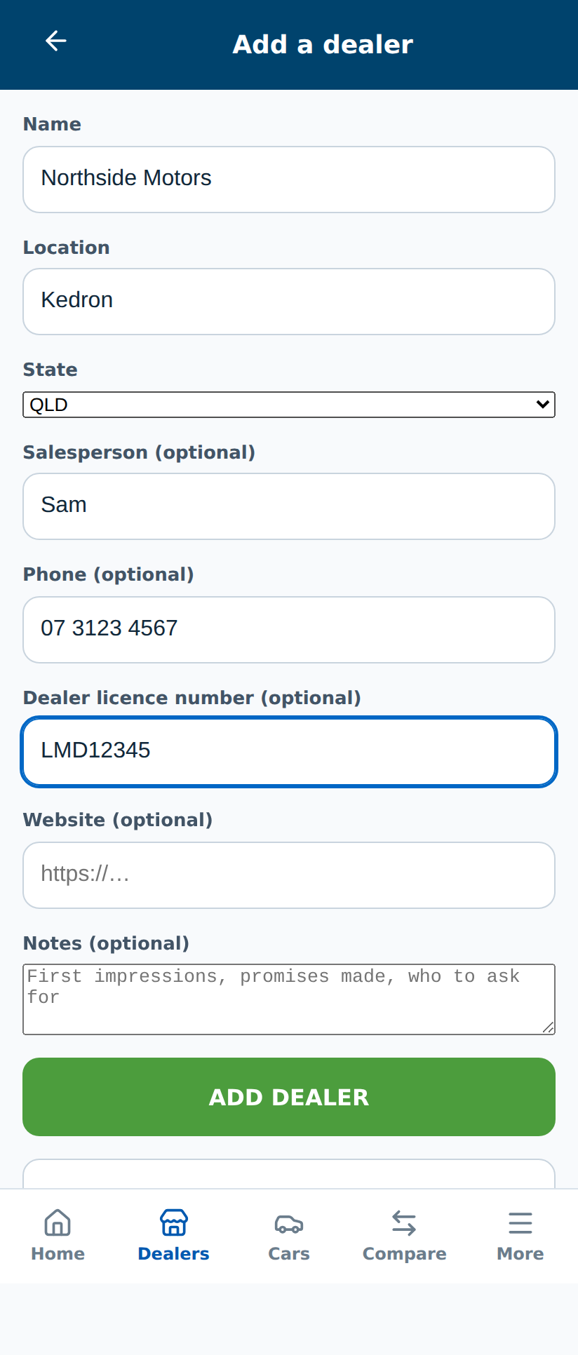 The add-a-dealer form with fields for name, location, salesperson, phone and dealer licence number
