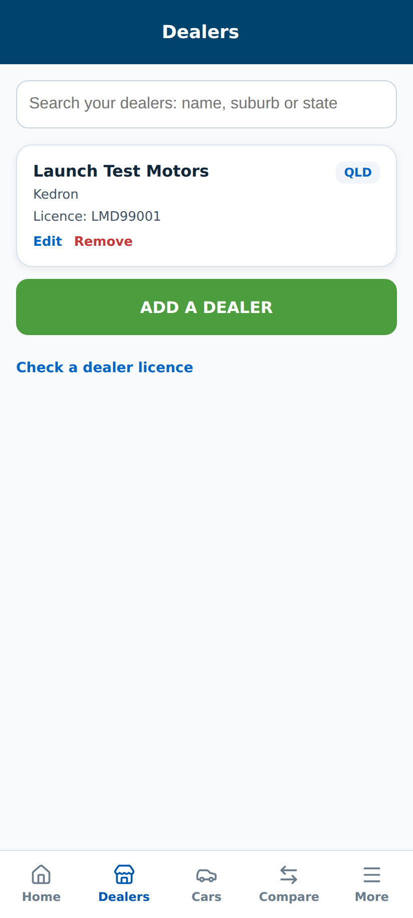 The dealers list showing a saved dealer with suburb, state and licence number