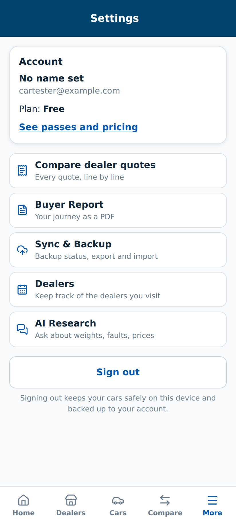 The settings screen with account, quotes comparison, Buyer Report, sync and backup and AI research