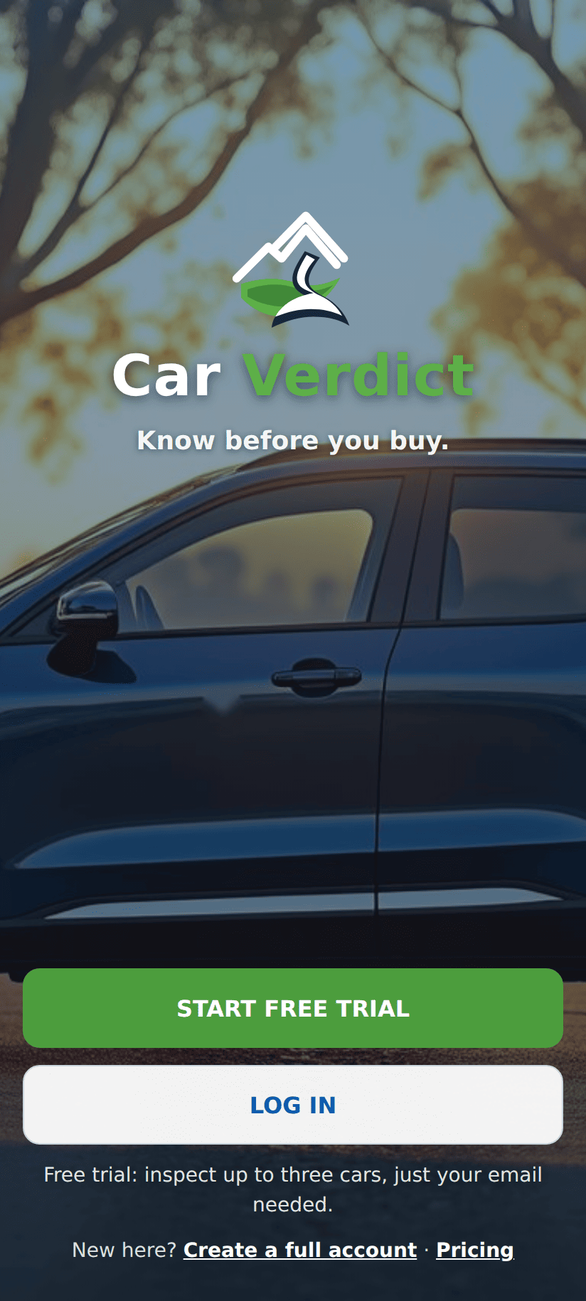 Car Verdict welcome screen with Start free trial and Log in buttons