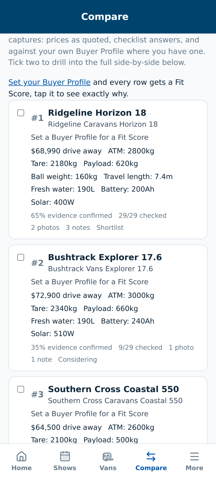 VanVerdict Compare screen showing shortlisted caravans side by side with Fit Score badges