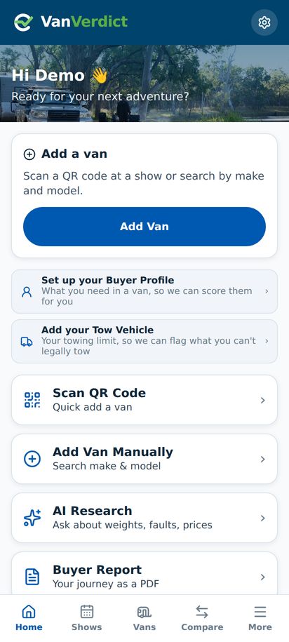 VanVerdict home screen with scan, add van, voice note and recent vans