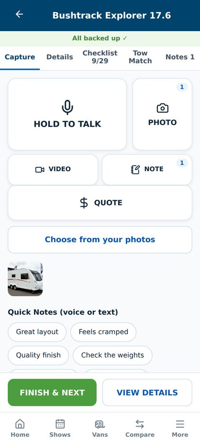 Capture screen with photos, voice and notes for one van