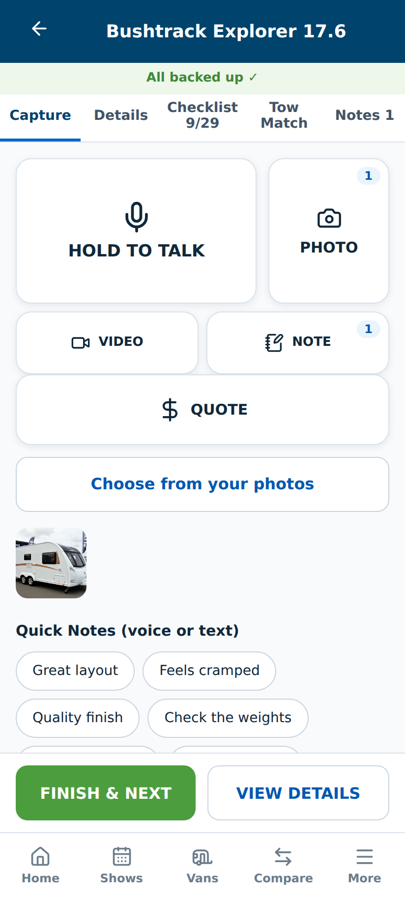 VanVerdict capture screen with photo, video, voice and note tiles and a checklist